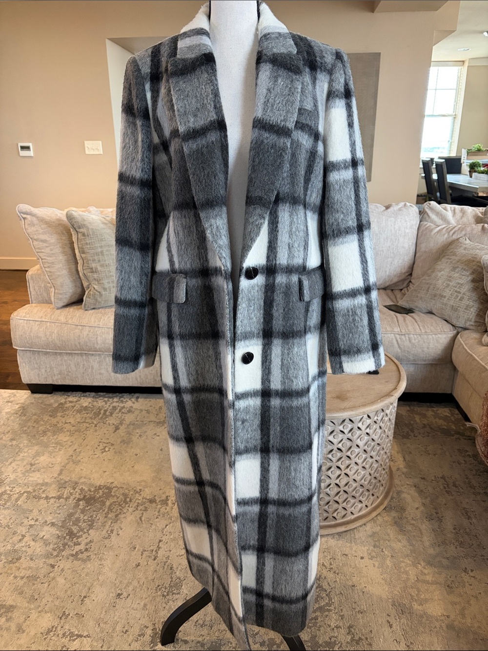 Alex Marie Gray and White Plaid Long Coat